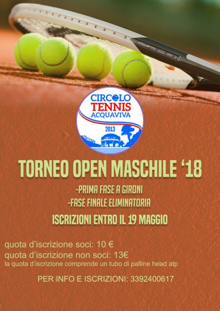 Circolo Tennis Acquaviva: al via il Torneo Open maschile primavera 2018
