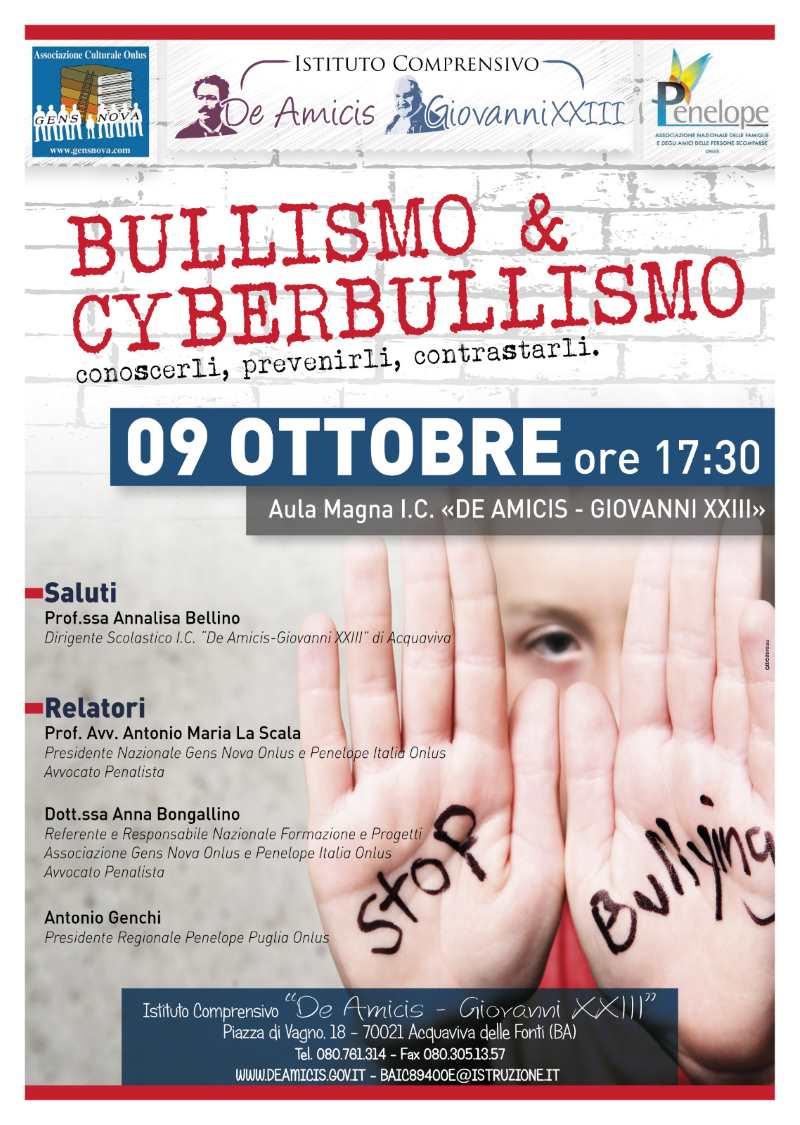 Bullismo E Cyberbullismo Se Ne Parla Martedi 9 Ottobre Alla De Amicis Di Acquaviva